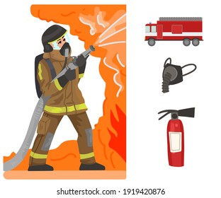 Firefighter extinguishes fire, Fire engine. Professions, character and items for work. Development of children's education. Education game. Exercise for preschoolers.Vector flat cartoon illustration.