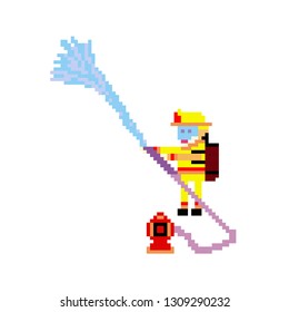 Firefighter extinguishes fire.  Extinguish the fire. Pixel art style icons. Stickers design. Vector illustration isolated on white background.