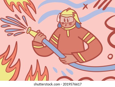 A firefighter extinguishes a fire with a hose in his hand