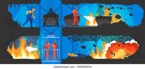 Firefighter extinguishes fire, mine explosion, protective male suit, danger rock collapse, design in cartoon, vector illustration.