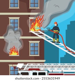 Firefighter extinguishes fire in multi-storey building. Firefighting concept. Rescue operation.