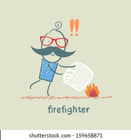 firefighter extinguishes a fire pillow