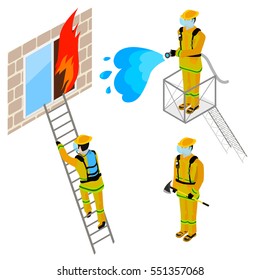Firefighter extinguishes fire with water hoses. Set of people in isometric view isolated on a white background. 