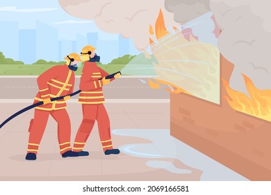 Ilustración vectorial de color plano de incendios de extinción de incendios. Respondiendo a un incidente de emergencia. Primeras respuestas luchando contra incendios personajes de caricatura 2D con paisaje urbano en segundo plano