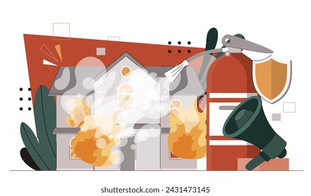 Concepto de extinción de bomberos. Llama en casa. Accidente y desastre. Agua para proteger la propiedad privada. Seguridad y protección. Ilustración plana del vector de la historieta aislada sobre fondo blanco