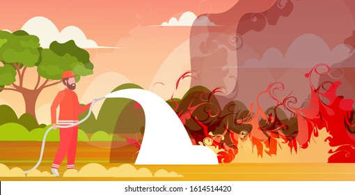 Firefighter Extinguishing Dangerous Wildfire In Australia Fireman Spraying Water From Hose Fighting Bushfire Firefighting Natural Disaster Concept Intense Orange Flames Horizontal Vector Illustration