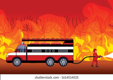 Firefighter Extinguishing Dangerous Wildfire In Australia Fireman Spraying Water From Fire Truck Fighting Bushfire Firefighting Natural Disaster Concept Intense Orange Flames Horizontal Vector