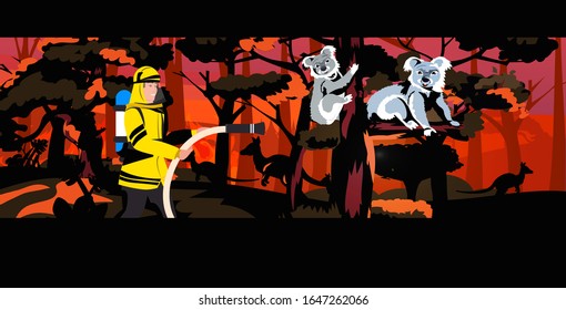 firefighter extinguishing dangerous wildfire in australia fireman saving koalas bushfire natural disaster concept intense orange flames horizontal vector illustration