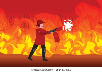 firefighter extinguishing dangerous wildfire bushfire in australia fireman using extinguisher firefighting natural disaster concept intense orange flames horizontal full length vector illustration