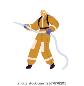 Firefighter extinguishing, fighting fire with hose, holding pipe in hand. Fireman, fighter in uniform protecting with firefighting equipment. Flat vector illustration isolated on white background