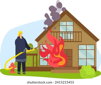 Firefighter extinguishing fire at burning house with hose. Emergency service in action at residential home fire. Heroic fireman and safety concept vector illustration.