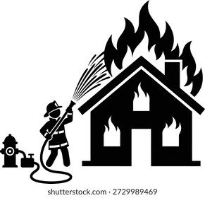 Feuerwehrmann löscht Feuer in brennendem Haus