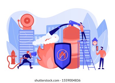 Firefighter extinguishing flame character. Rescuer dangerous job. Fire protection, fire prevention technologies, fire protection services concept. Pinkish coral bluevector isolated illustration