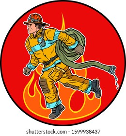 A firefighter is extinguishing the flames. Pop art retro vector illustration kitsch vintage 50s 60s