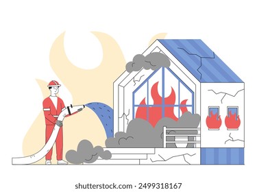 Casa de extinción de bomberos. Hombre en uniforme con manguera vierte agua en el edificio en llamas. Rescate en emergencias y accidentes. Rescatador con equipo. Ilustración vectorial lineal