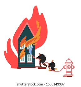 Firefighter Extinguishing and Rescuing with Water Burning House. Fireman in Uniform, Fire Department Rescuer Concept of Equipment Set, Hydrant, Extinguisher. Cartoon Vector Illustration 