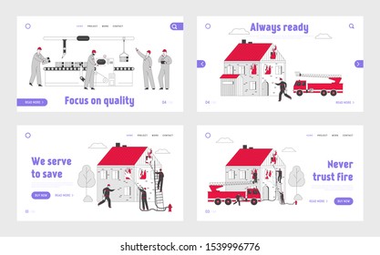 Firefighter Extreme Profession and Smart Factory Website Landing Page Set. Innovation Manufacturing Conveyor, Firemen Extinguish with Fire Web Page Banner. Cartoon Flat Vector Illustration, Line Art