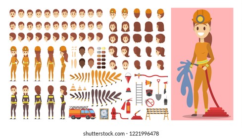 Firefighter female character in uniform set or kit for animation with various views, hairstyle, emotion, pose and gesture. Different emergency equipment. Isolated flat vector illustration