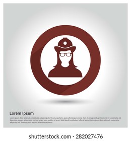 firefighter female user icon, Circle Long shadow pictogram icon on gray background.
