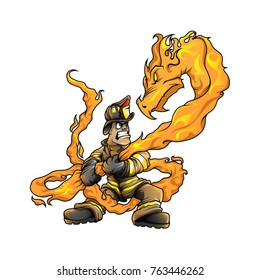 Firefighter fight Fire dragon color vector drawing mascot