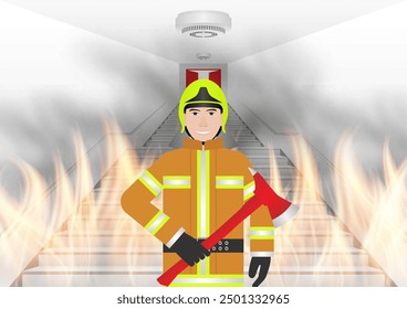 Firefighter Fight with Fire Flame in Burning House or Burning Building. Vector Illustration.