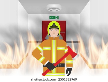 Firefighter Fight with Fire Flame in Burning House or Burning Building. Vector Illustration.