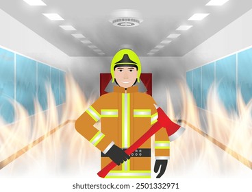 Firefighter Fight with Fire Flame in Burning House or Burning Building. Vector Illustration.