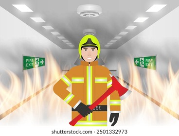Firefighter Fight with Fire Flame in Burning House or Burning Building. Vector Illustration.