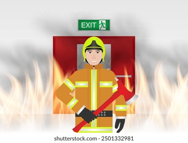Firefighter Fight with Fire Flame in Burning House or Burning Building. Vector Illustration.