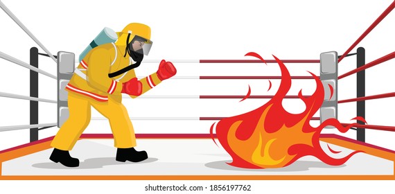 El bombero lucha contra la ilustración del incendio en el anillo. Bombero, fuego, anillo de boxeo. Ilustración plana del vector