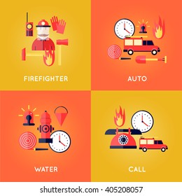 Firefighter, fire, call the fire brigade, fire extinguishing, firefighting tools. Fire truck with alarm signal. Flat style vector illustration.