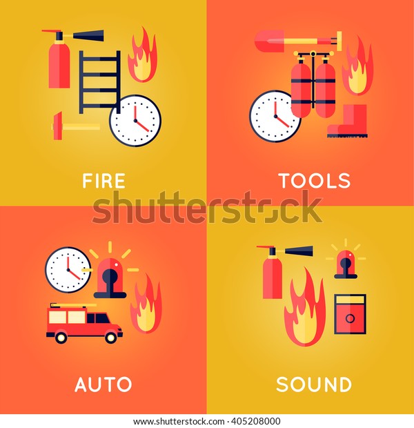 Firefighter, fire, call the fire brigade,\
fire extinguishing, firefighting tools. Fire truck with alarm\
signal. Flat style vector\
illustration.
