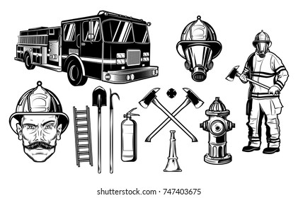 Firefighter and Fire department elements. Sketch style isolated vector illustration