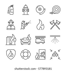 Firefighter and Fire department icon set. Included the icons as fire, fireman, burn, emergency, hydrant, alarm and more.