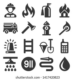 Firefighter and Fire Department Icons Set. Vector