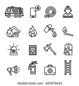 Firefighter, Fire Emergency icons set. Line Style stock vector.