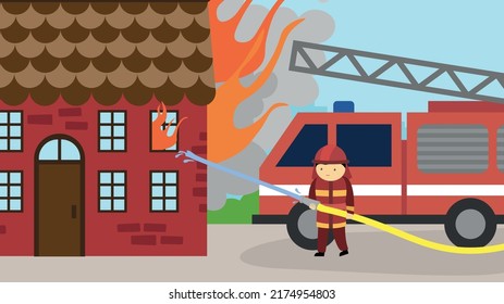 Firefighter with a fire engine extinguishes a burning house