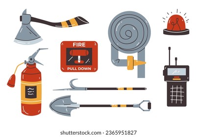 Firefighter fire equipment tool element extinguisher safety department isolated set. Vector graphic design illustration