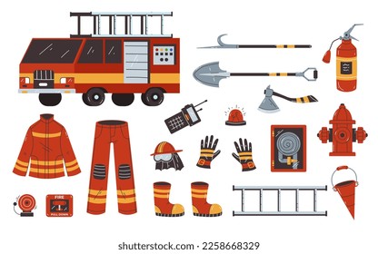 Firefighter fire equipment tools fighter emergency concept isolated set. Vector graphic design illustration
