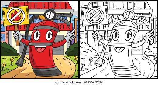Firefighter Fire Extinguisher Colored Illustration