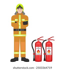 Firefighter with Fire Extinguisher. Vector Illustration Isolated on White Background.
