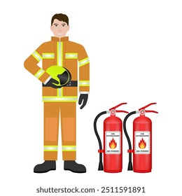 Firefighter with Fire Extinguisher. Vector Illustration Isolated on White Background.