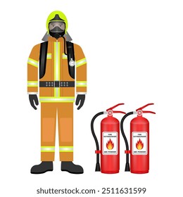 Firefighter with Fire Extinguisher. Vector Illustration Isolated on White Background.