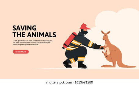 Firefighter in fire fighting operation. Vector flat heroic fireman in protective suit and red helmet helps kangaroo.Web banner, webpage, landing page cartoon concept