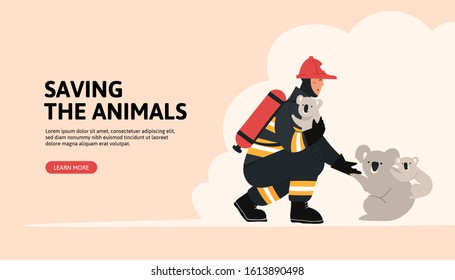 Firefighter in fire fighting operation. Vector flat heroic fireman in protective suit and red helmet helps animals.Web banner, webpage, landing page cartoon concept