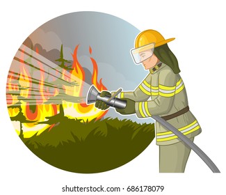 Firefighter with a fire hose against a fire on the background with forest in flame, vector image, eps10