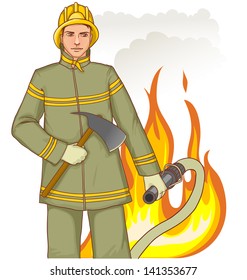 Firefighter with a fire hose and axe against a fire, eps10