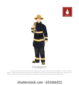 Firefighter with fire hose on white background. Image of a fireman in a flat style. Vector illustration

