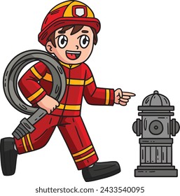 Firefighter and Fire Hydrant Cartoon Clipart 