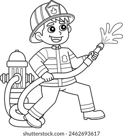 Firefighter with a Fire Hydrant Isolated Coloring